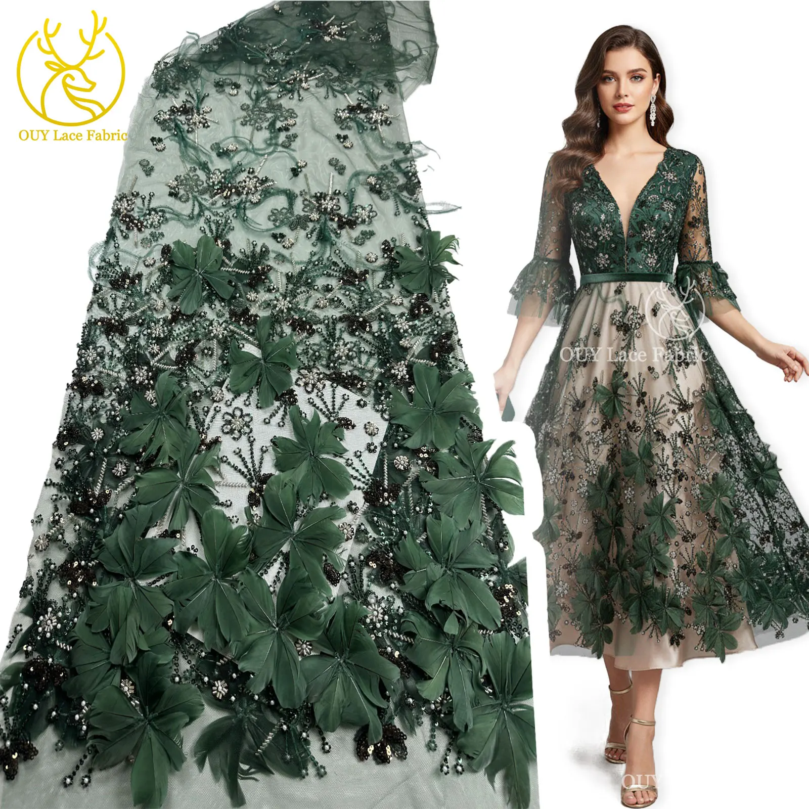 

Green 3D Feather Luxury Bridal Wedding Dress Lace Fabric 2025 France Nigeria Beaded Sequins Lace Fabric Wedding Party Material