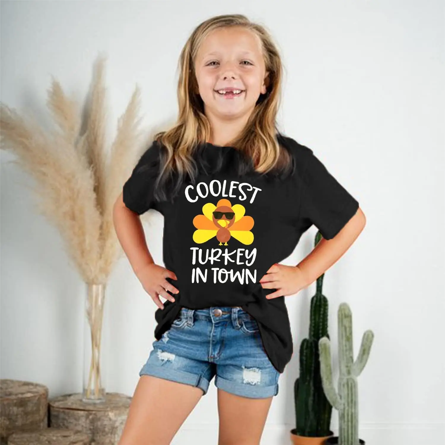 Toddler Thanksgiving Shirt Coolest Turkey in Town T-Shirt Funny Turkey Graphic Casual Short Sleeve Tees