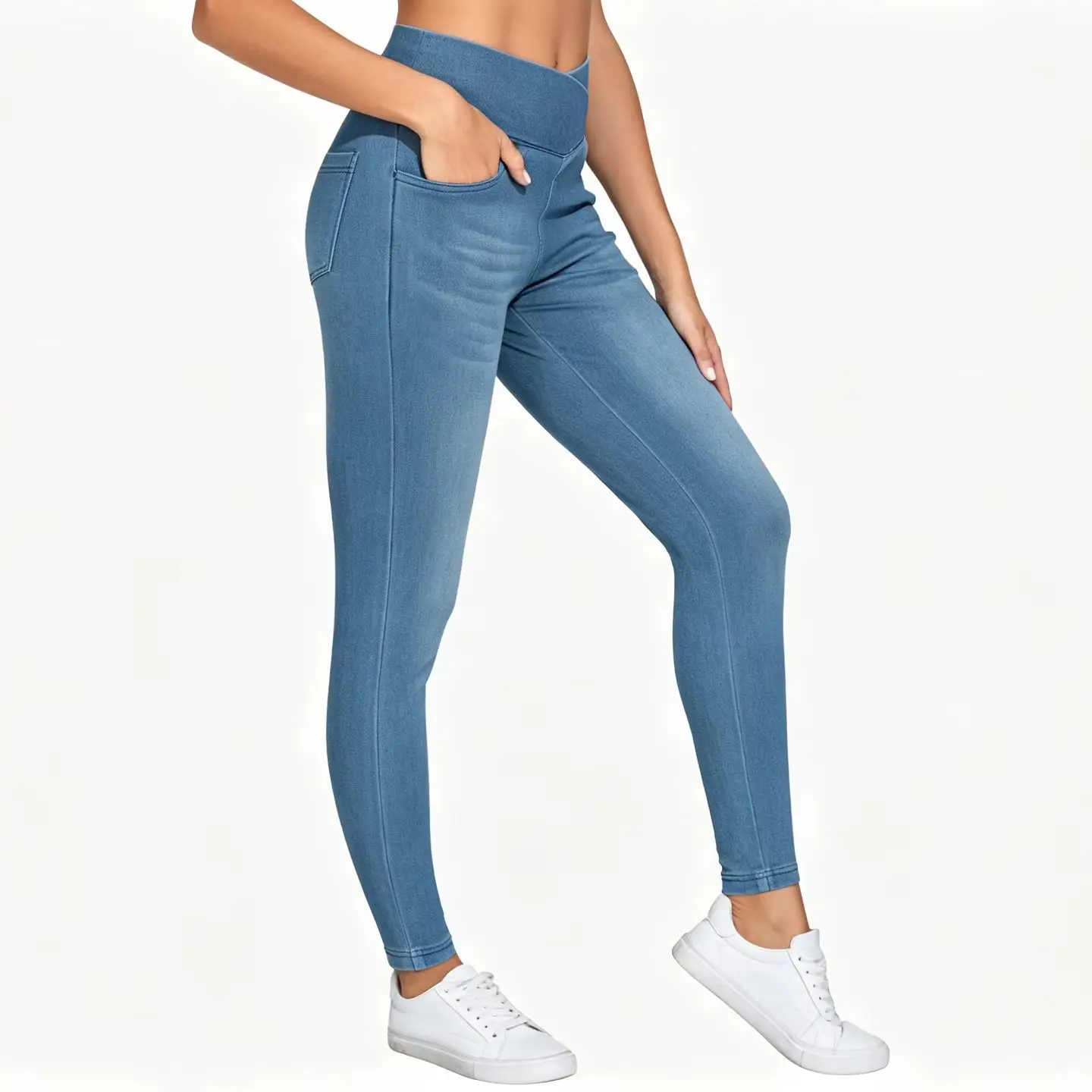 THE GYM PEOPLE Women's  High Waisted Skinny Denim Jegging Pants with Pockets V Cross Stretchy  Jean Leggings