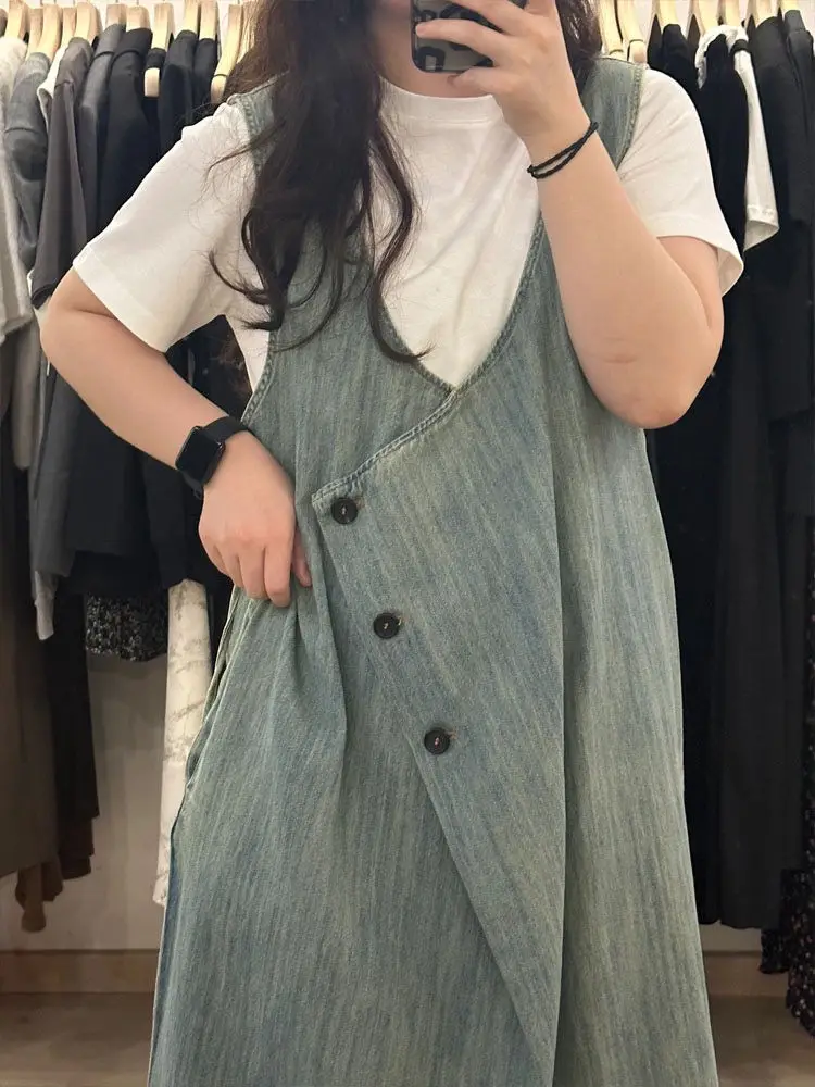 American retro sleeveless dress, women's summer design, medium length denim skirt  long dresses for women