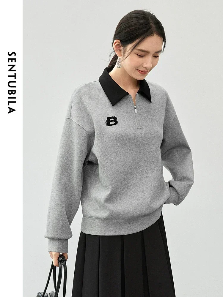 SENTUBILA Women Cotton Sweatshirt 2025 Spring Letter Embroidery Long Sleeve Tops Half Zip Casual Loose Pullovers Woman 143A56214