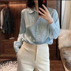 Elegant Diamonds Women Blouses New Beaded Hot Drill Shirt For Woman POLO Collar Lantern Sleeve Basic Blusas Muje OL Female Shirt