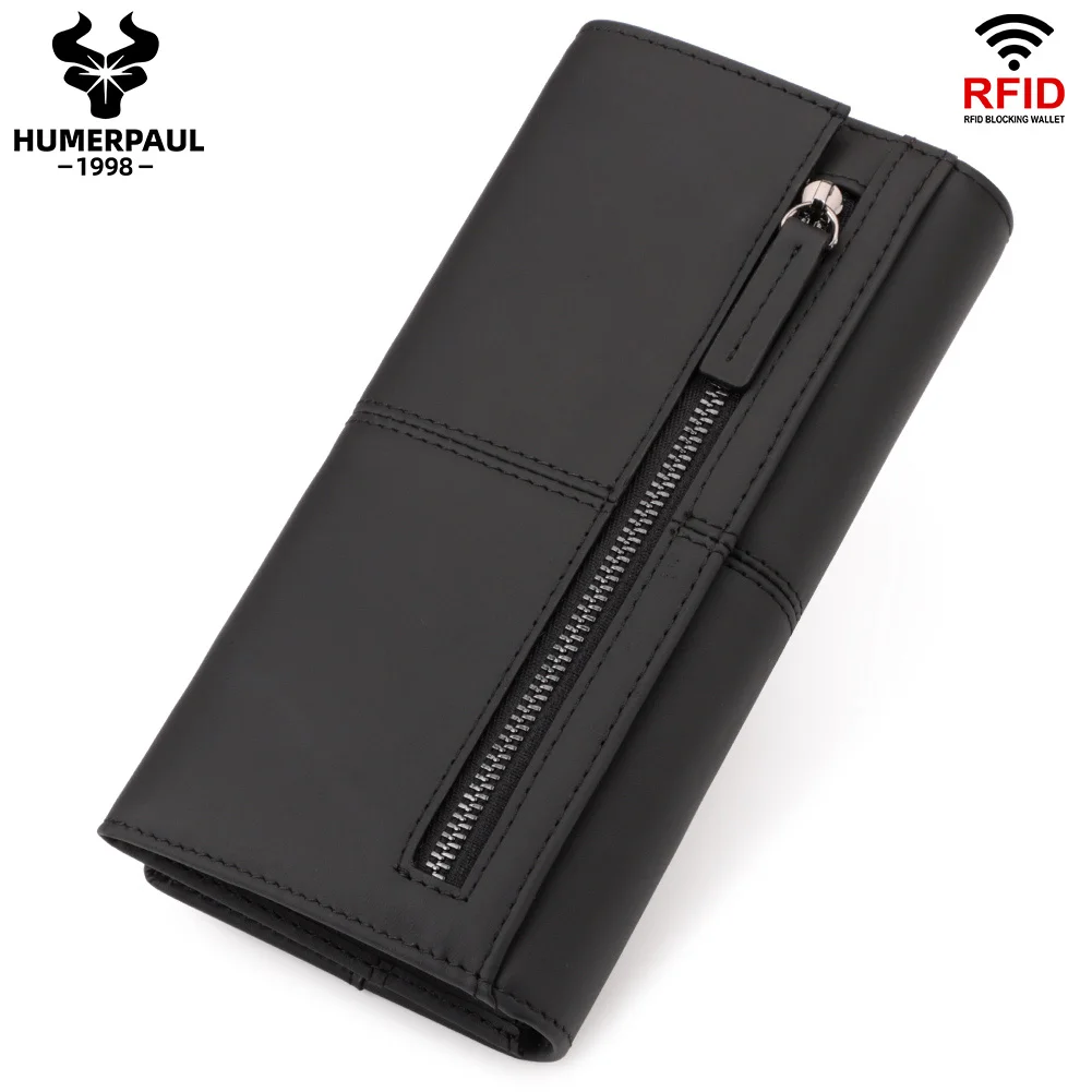 HUMERPAUL Genuine Leather Wallet for Women Long Fashion Handbag with RFID Card Slots and Phone Pocket Luxury Clutch Money Bag
