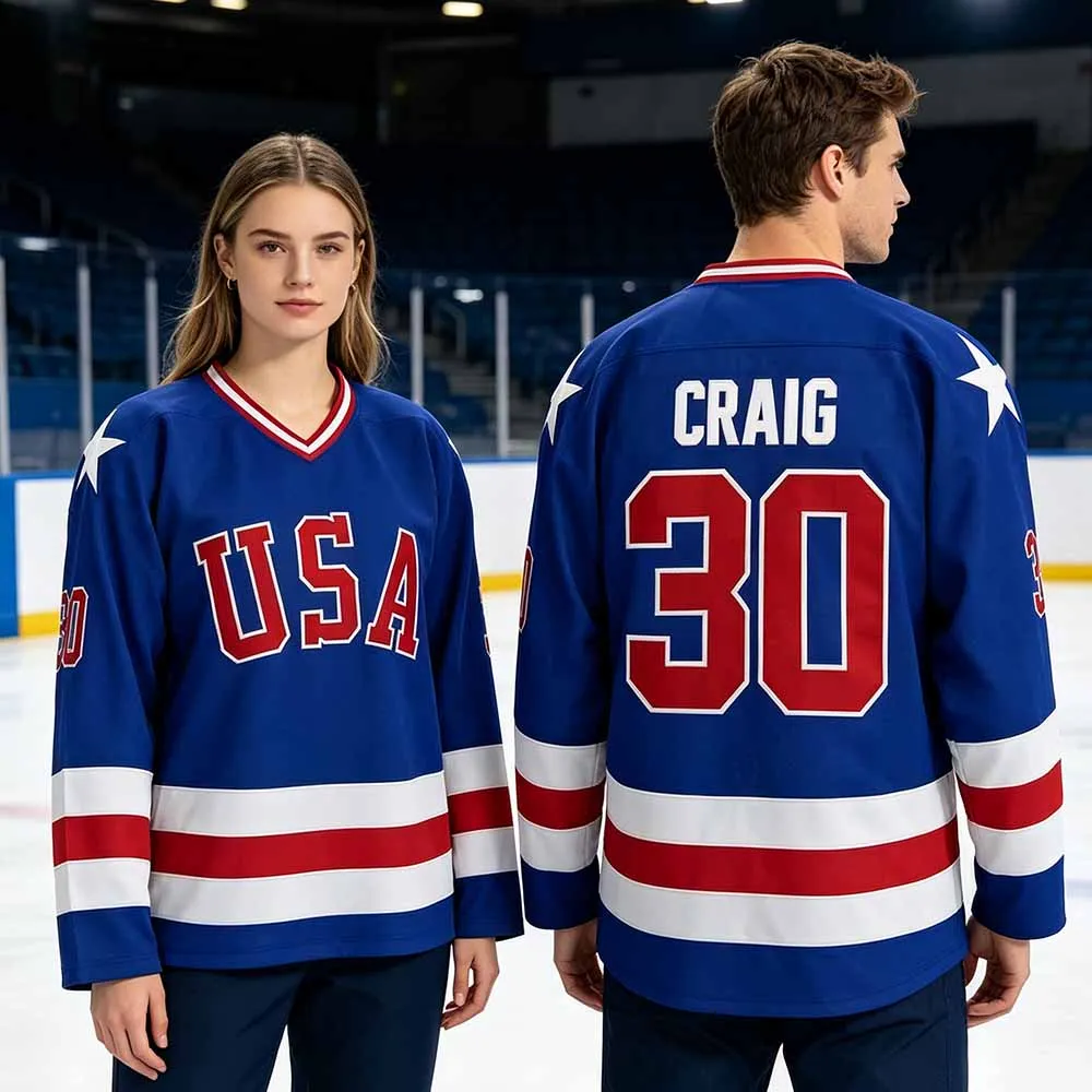 Jim Craig #30 Miracle 1980 USA Hockey Jersey Long Sleeve V‑Neck White Striped T-shirt Men Women Unisex Streetwear Full Print Top