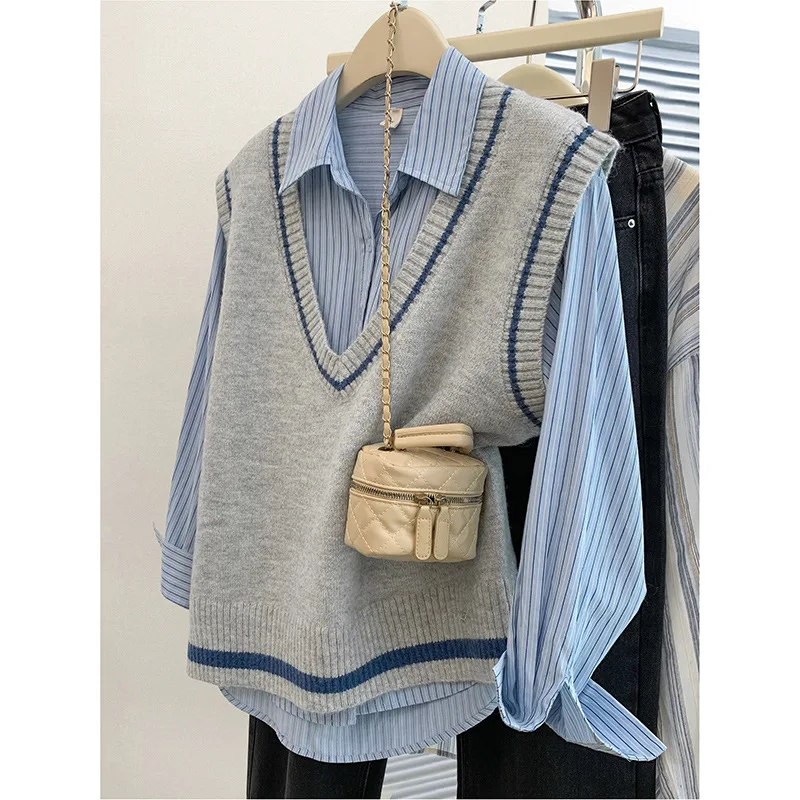 سترة محبوكة على الطراز الكوري الرمادي للنساء، للربيع والخريف، الخريف والشتاء، سترة بدون أكمام، قميص بطبقات من قطعتين