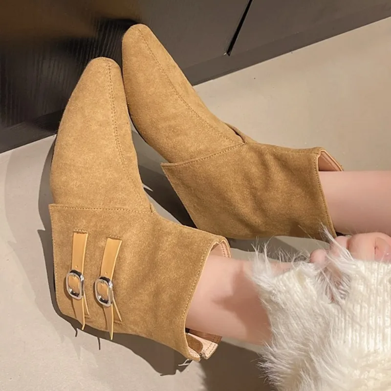 

Flats Buckle Suede Women Ankle Boots Fashion Winter New Shoes Designer 2025 Chelsea Short Boots Cozy Casual Zapatillas De Mujer