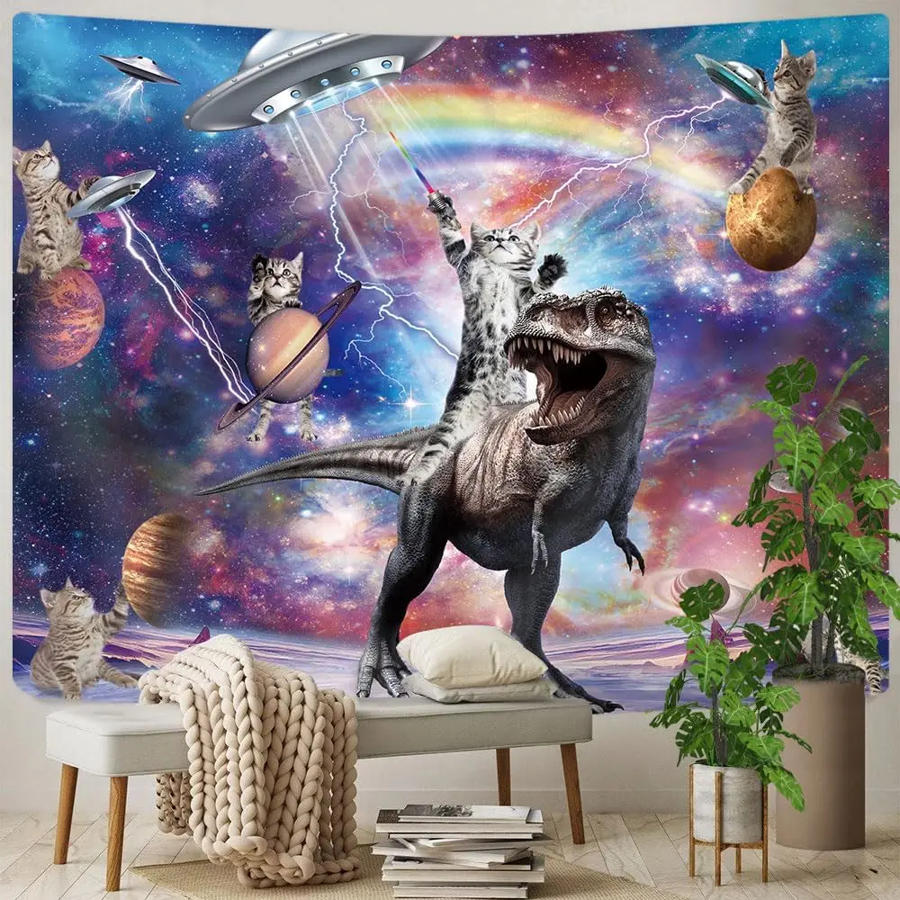 Cat Tapestry, Cool Cat Riding Dinosaur on Fantasy Universe Galaxy Space UFO Tapestries for Boys Kids, Hilarious Animals Anime