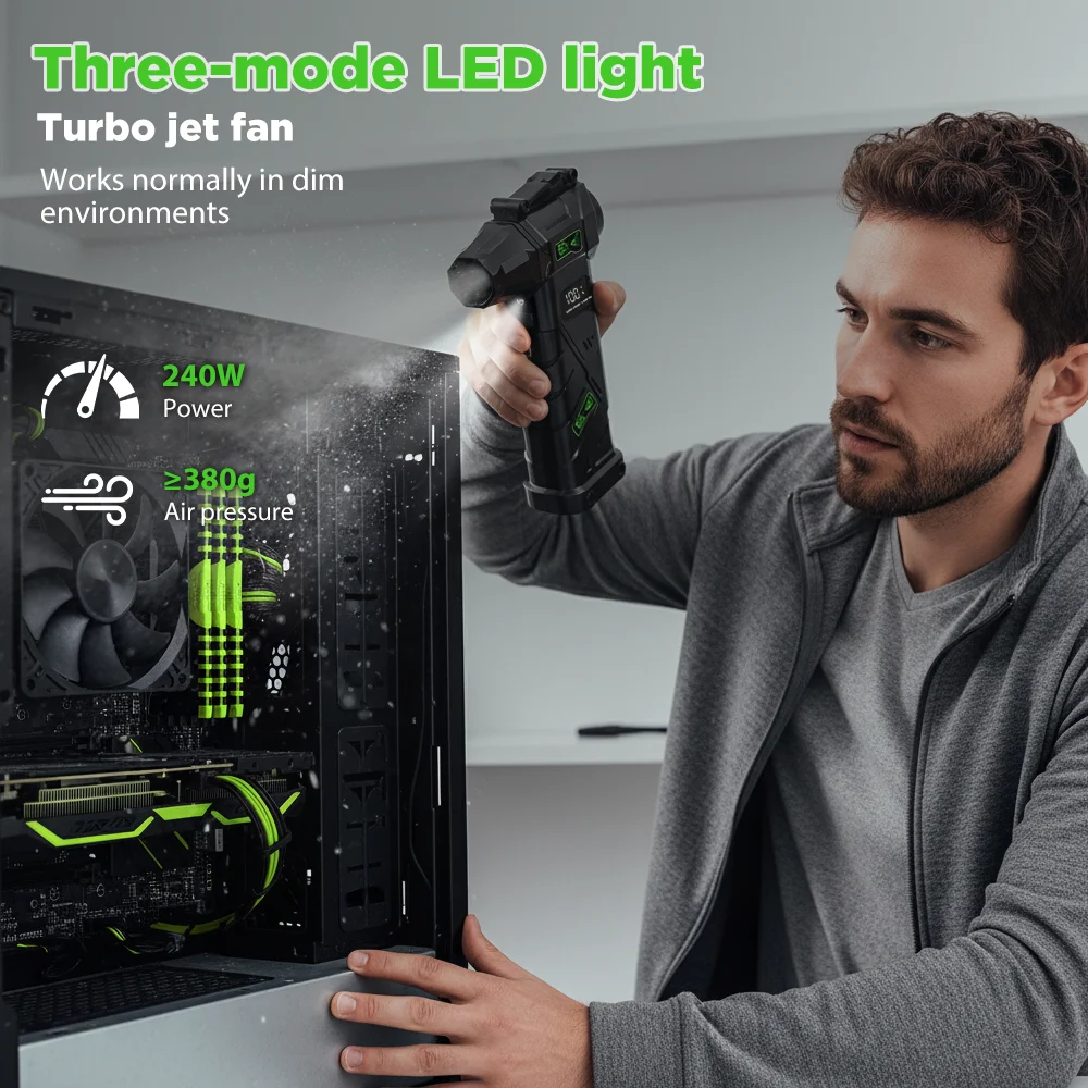 พัดลมเทอร์โบเจ็ท AiQUE (แรงดันลม 380 กรัม) เครื่องเป่าลมไฟฟ้า ปรับความเร็วลมได้ พัดลมแรงแบบเทอร์โบ ชาร์จไฟได้ พร้อมไฟส่องสว่าง