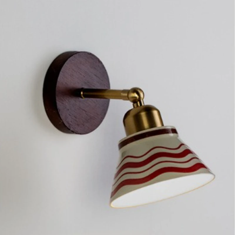 Solid Wood Base Ceramic Wall Lamp Bedroom Homestay Lighting Fixture