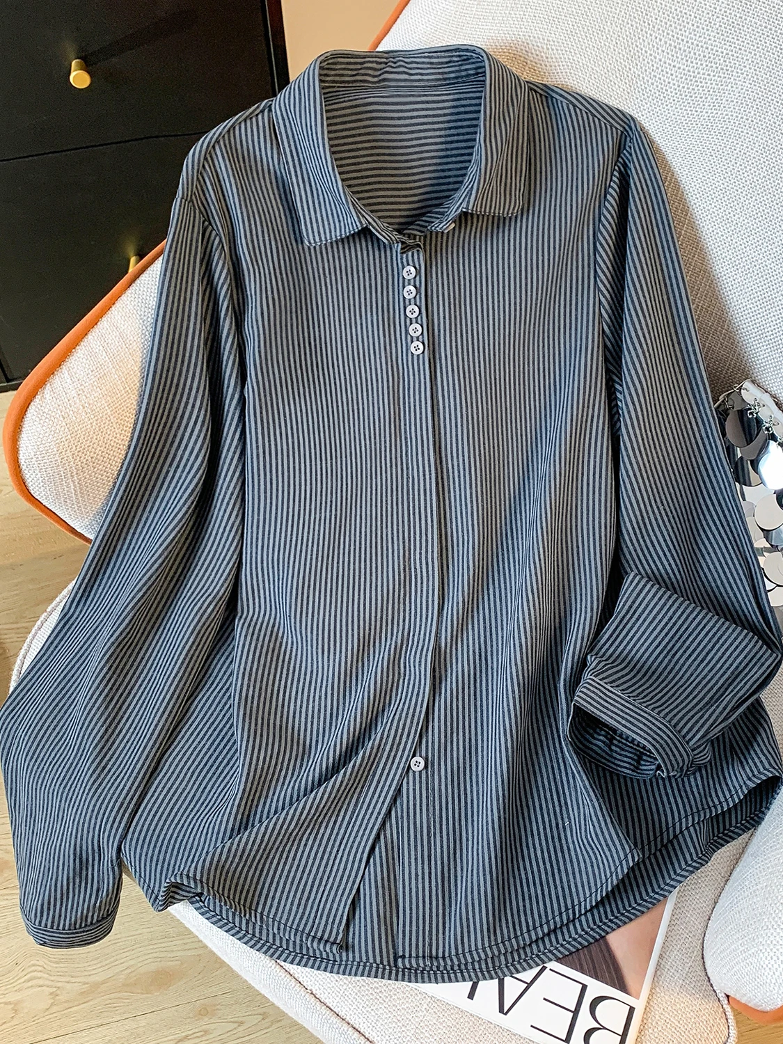 

Women's Loose Fit Casual Striped Long Sve Cotton Linen irt Slimming Top Versatile Spring Faion Korean Sle Workwear