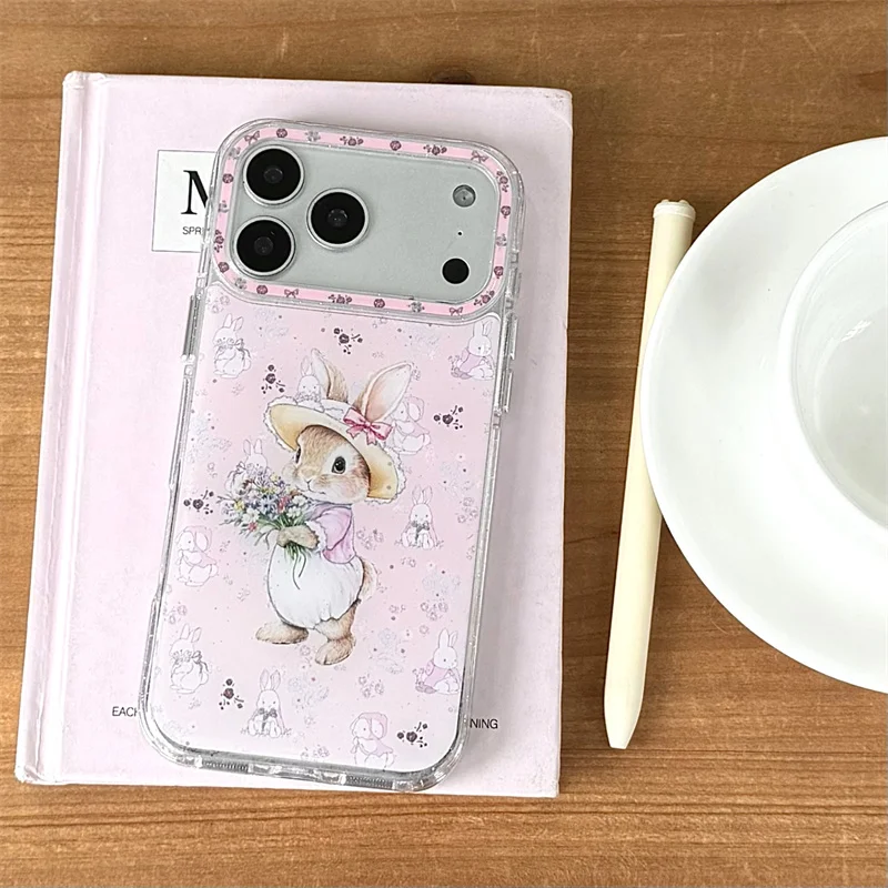 

New 2026 Gilded Drop Glue Bunny Phone Case For iPhone 17 Pro 16 15 14 17 Pro Max with Flower Hat Shockproof Cover Girl