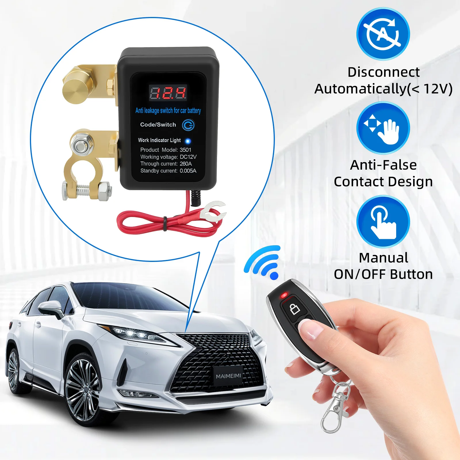 

﻿ DC 12V Remote Battery Disconnect Switch DC 12V 260A Automatic Power Shut Off Switch Disconnect Switch + Remote Control Button