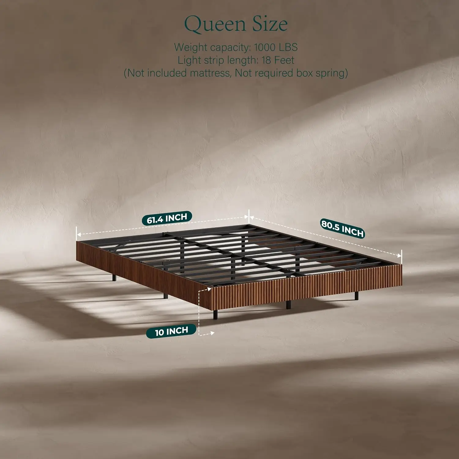 Walnut Queen Floating Bed Frame LED Fluted Platform No Headboard Heavy Duty Metal No Box Spring 10in High, Customized view 2