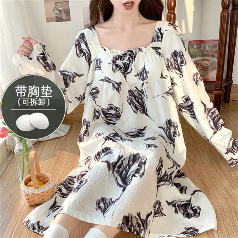 Chest Pad Nightdress Women Long Sleeve Nightwear Dress Sweet Ladie\'s Autumn Nightgowns Large Size Casual Home Clothes M-4XL