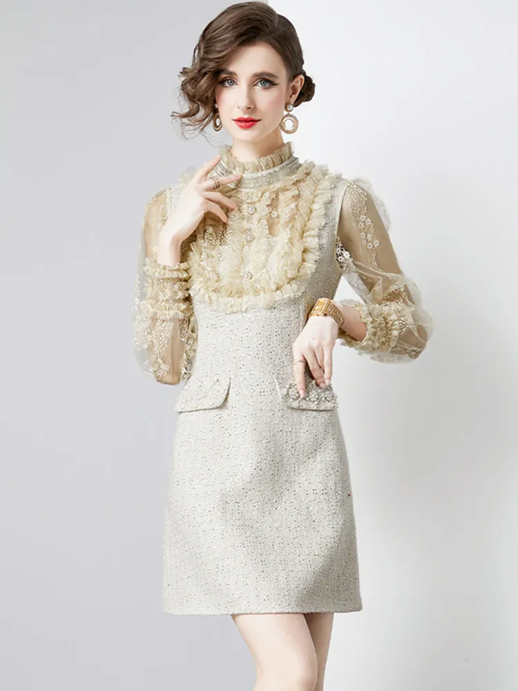 SMTHMA Light Luxury Boutique Embroidery Patchwork Tweed Beaded Dress Women's Small Fragrant Wind Ruffle Woolen Dresses Vestidos