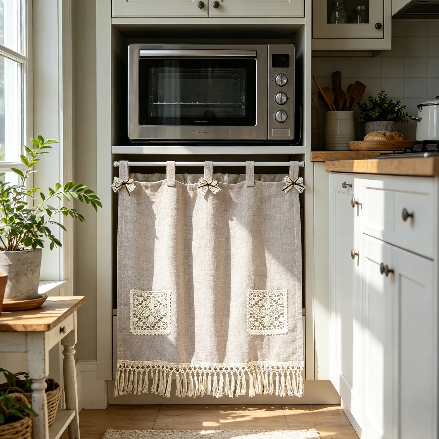1PC Bohemia Oven Curtain With Bottom Lace for Kitchen, Study, Cabinet, Window Drape With Bows, Pocket Home Decoration