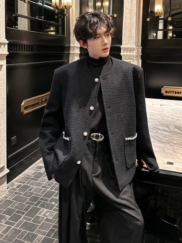 

Белая стеганая накладка на плечо, мужская твидовая верхняя одежда Jaet Autumn Faion, высококачественное твидовое пальто без воротника CleanFit без воротника