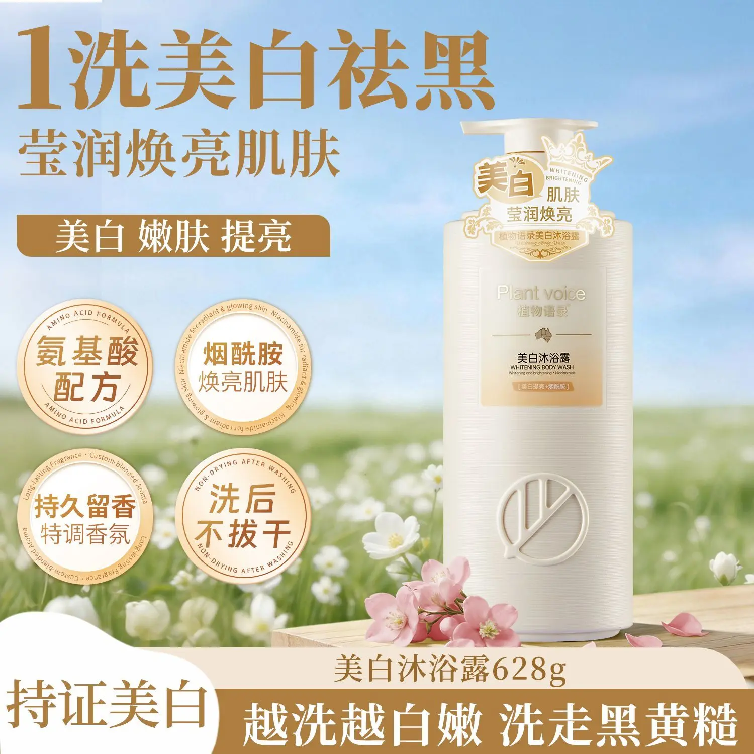 Plantvoice Niacinamide Brightening Body Wash, White Truffle & Grape Seed Oil Moisturizing Long-Lasting Fragrance