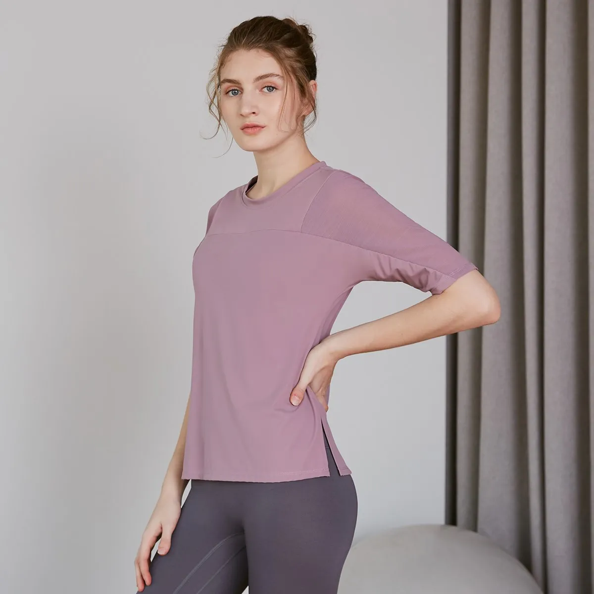 Vansydical – t-shirt en maille épissée pour femme, haut d'entraînement, Fitness, course à pied, à manches courtes