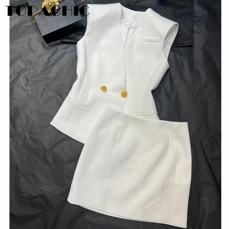 11.27 TOPACHIC-Women Clothes Temperament Shoulder Pads Spiral Gold Double Breasted Collect Waist V-Neck Vest Or Short Skirt Set