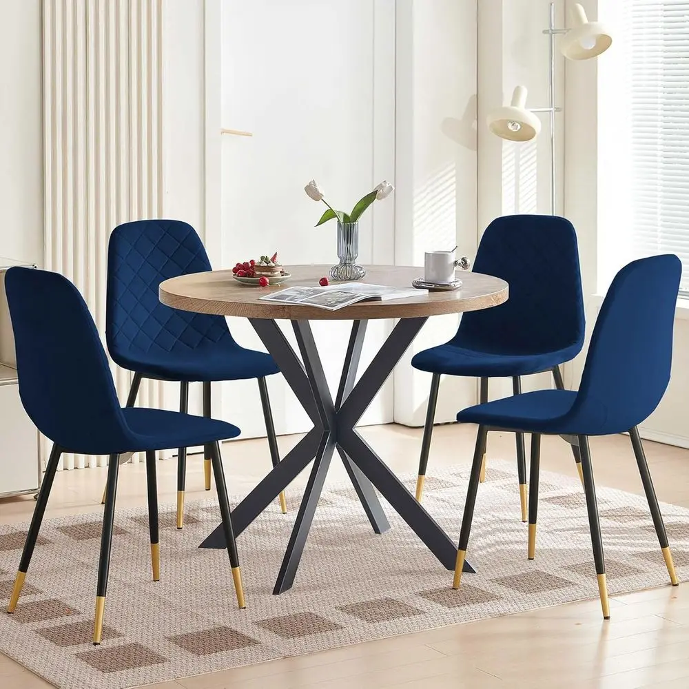 

4-Piece Round Wooden Pedestal Dining Set with Velvet Chairs, Compact 37.4-Inch, Metal Legs, Navy Blue