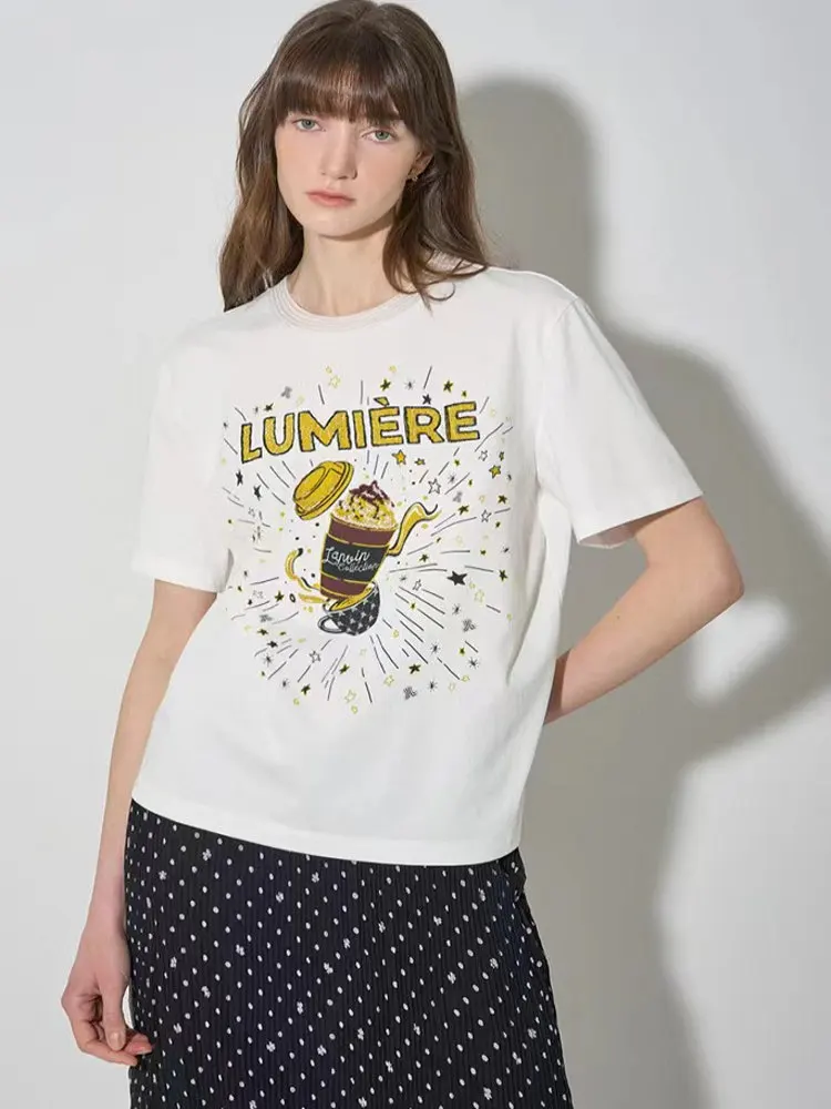 

Casual Loose ort Sve round Ne Coffee Cup T-irt Korean Sle Summer New Faion Simple Ele Slimming Women's Top