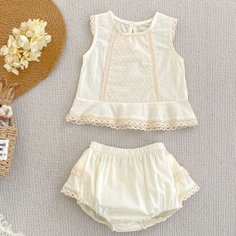 

2025 New Summer Baby Girl Clothes Suit Sleeveless Cotton Lace Splicing Vest+PP Shorts 0-4Yrs Children Clothes Set