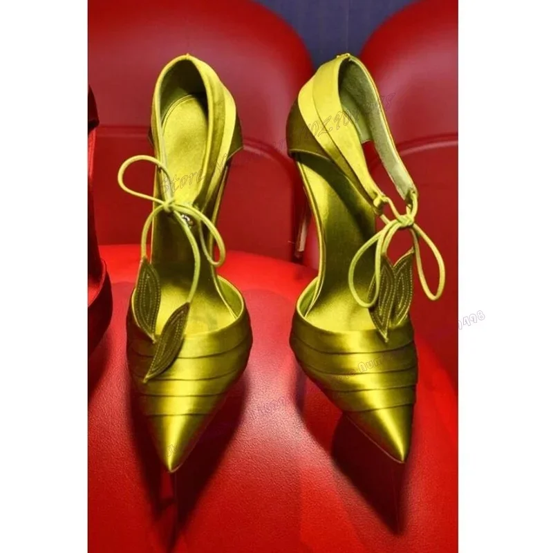Green Satin Back Strap Pumps Cross Tied Pointed Toe Shoes for Women Cover Heel Thin High Heels Shoes 2023 Zapatos Para Mujere