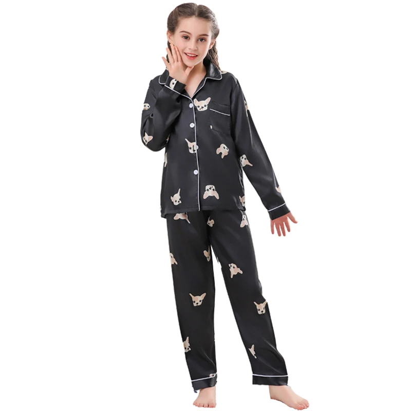 Two piece sets for boys and girls children\'s pajamas autumn and winter long sleeved pants silk home clothes sleepwear satin set