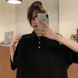 New summer polo t-shirt short-sleeved three-color trend basic t-shirt ladies button casual office ladies formal blouse 2024