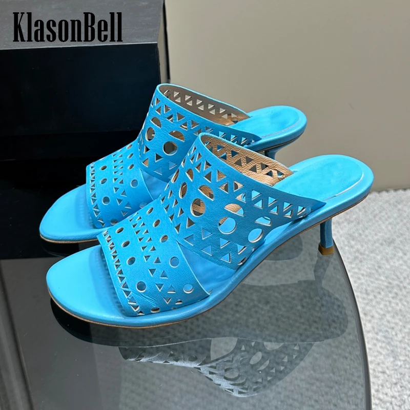 

4.7 KlasonBell Cow Suede Hollow Out Peep Toe Sandals Women Outside Thin High Heels Mules Sandals