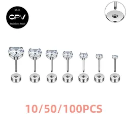 10/50/100PCS 316L Medical Stainless Steel Earnail 2-8mm Kit Four Claw Round Cubic Zirconia Women's Ear Cartilage Nail
