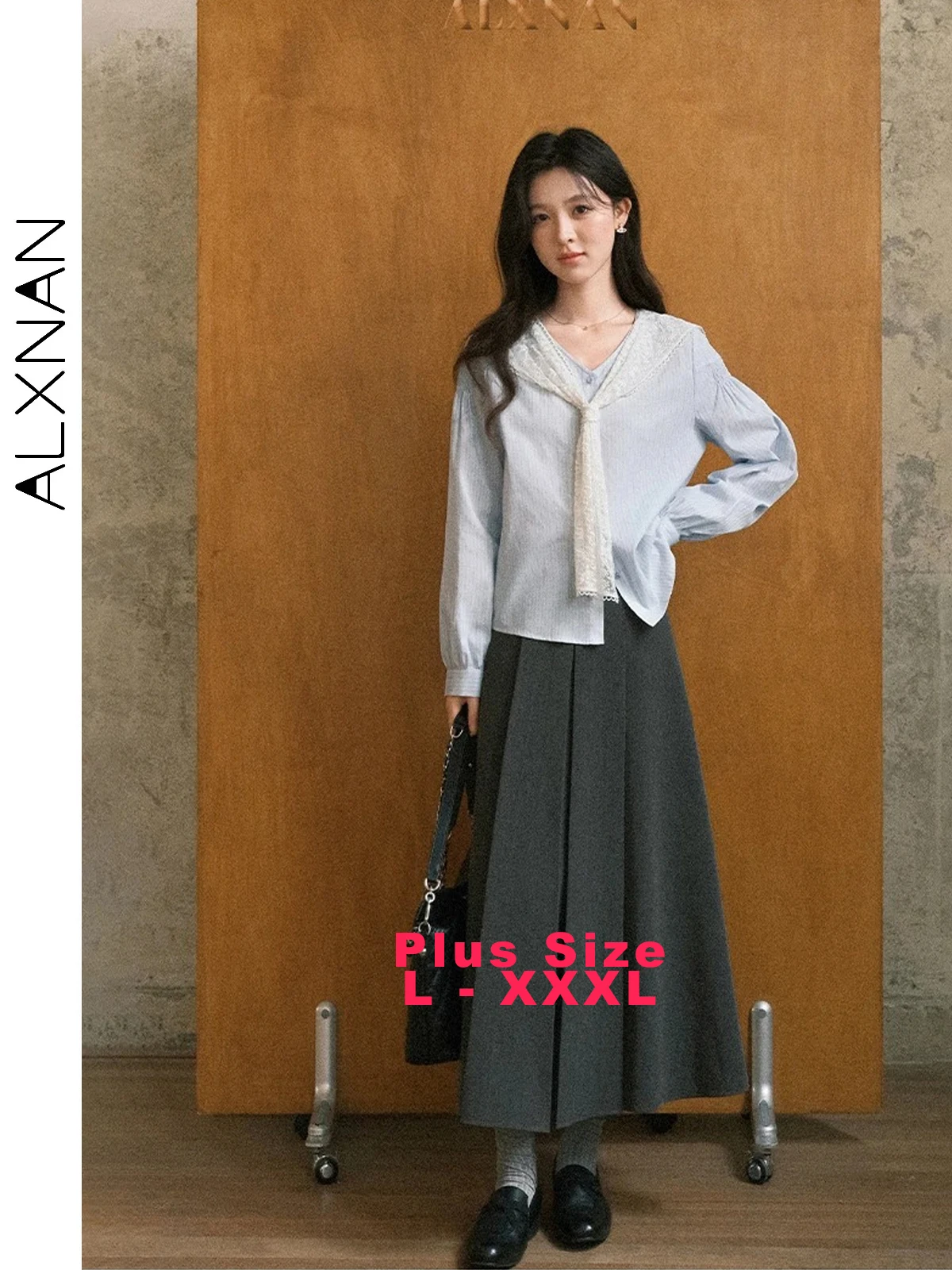 

ALXNAN Женская рубашка больших размеров в синюю полоску с v-образным вырезом, хлопковые блузки с длинными рукавами, офисные женские топы свободного покроя с шалью D12719-1