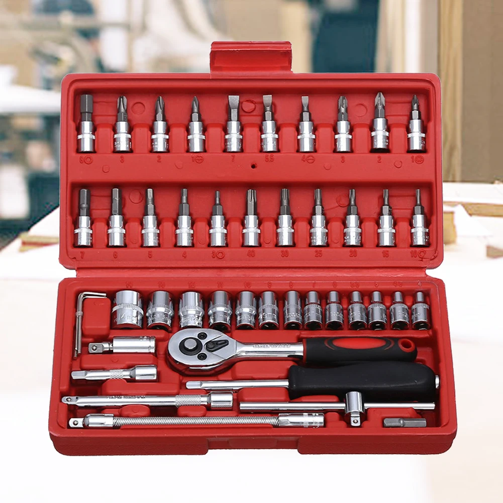 

46 PCs Automotive Repair Hand Tool Set Mechanic'S Tool Box, 1/4" Socket Spanner Ratcheting Screwdriver Ratcheting Screwdriver