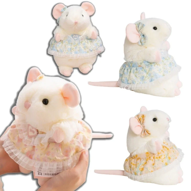 Soft Fluffy White Mouse Plush Doll With Floral Dress Cute Stuffed Animal Pet Rat Comfort Companion For Relaxing Home Decor Gift
