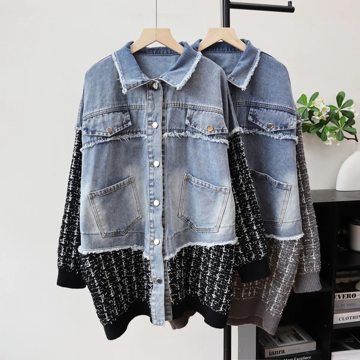 

Knitted Denim Cardigan Sweaters Women Spliced Jumpers Pocket Turn Down Collar Long Sleeves Single Breasted 2025 Autumn Winter