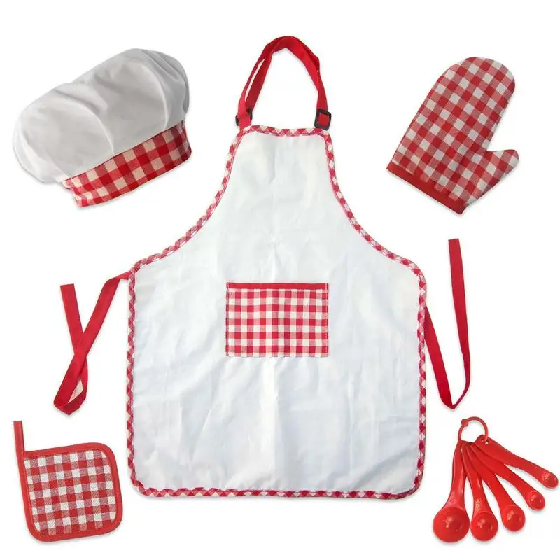 Kids Apron Set Children Cooking And Baking Chef Kit Apron Chef Hat Mitt Insulation Mat & Spoons To Dress Up Chef Costume Career