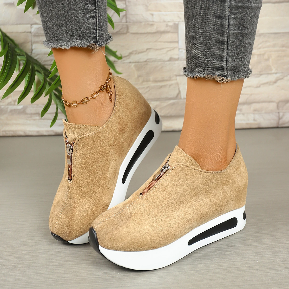 Damen-Sneaker mit Frontreißverschluss und verstecktem Keilabsatz, Wildleder-Plattform, höhenvergrößernde Freizeitschuhe, Damen-Slipper mit dicker Sohle zum Gehen. – Detail 13