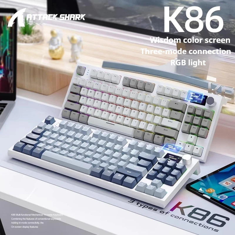 Attack Shark K86 Low Delay Stable Property Bluetooth Wireless RGB Display Screen Knob Customized Hot Plug Mechanical Keyboard