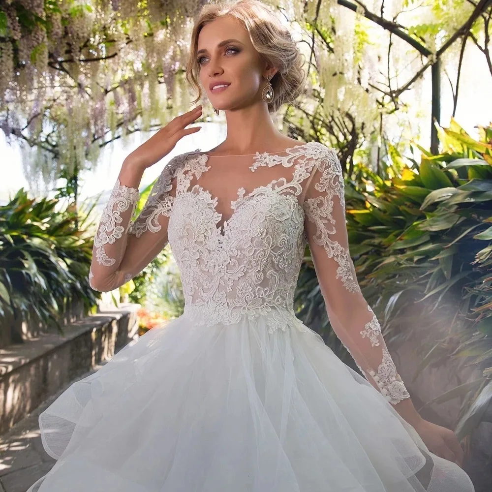 Vestido de novia de princesa, Vestido de novia de manga larga con Apliques de encaje, falda sin espalda para mujer con volantes, Vestido personalizado