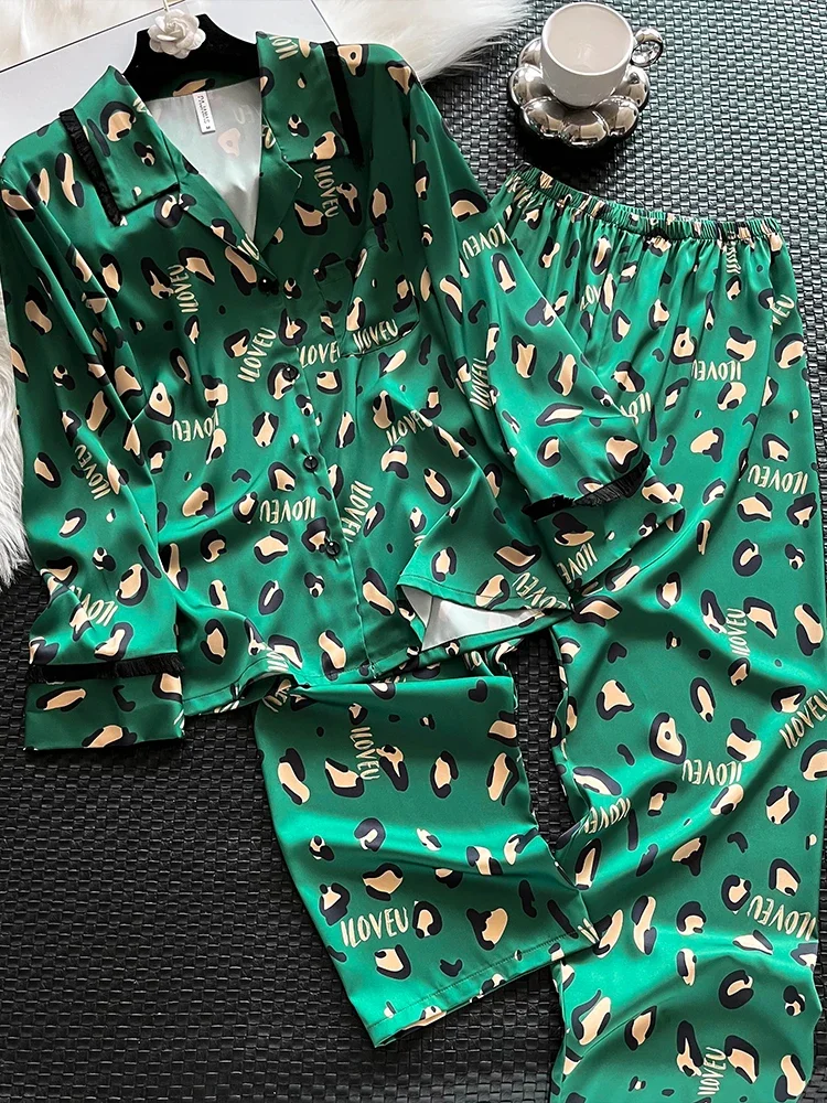 

New Green Printed Pajama Long Sleeve Home Clothing Set 100% Silk Home Clothing