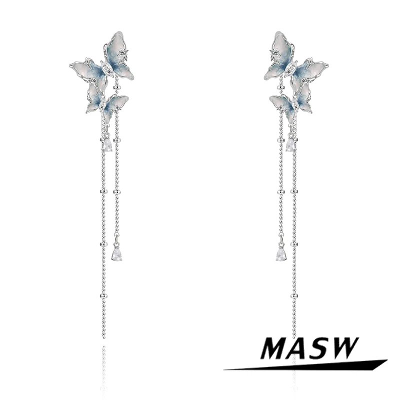 MASW Original Design Luxury Temperament Pretty Blue Butterfly Dangle Earrings For Women Fashion Jewelry Spring Summer Style