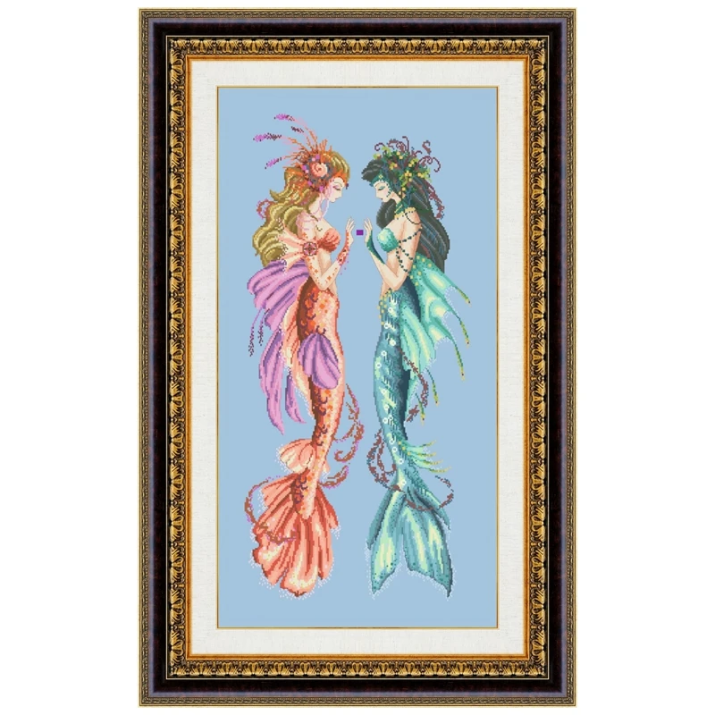 Mermaid sisters cross stitch kit fairy beads pattern design 18ct 14ct 11ct skyblue counted canvas embroidery DIY needlework