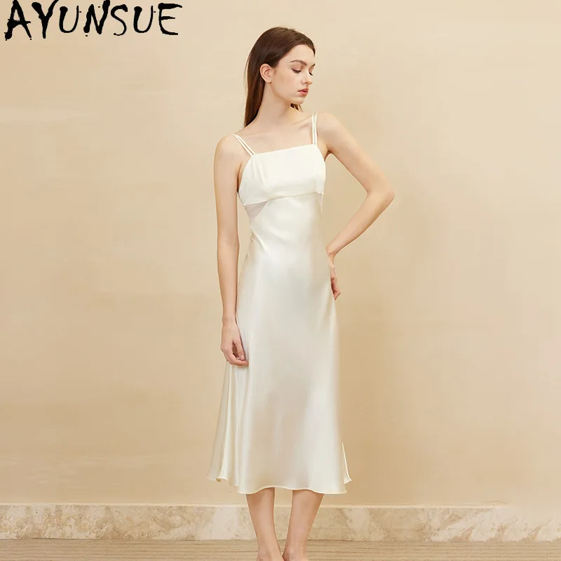 AYUNSUE 19Mm 100% Real Mulberry Silk Pajama Sexy Sleepwear Night Dress for Women Slim Fit Summer Clothes Woman Long Style 