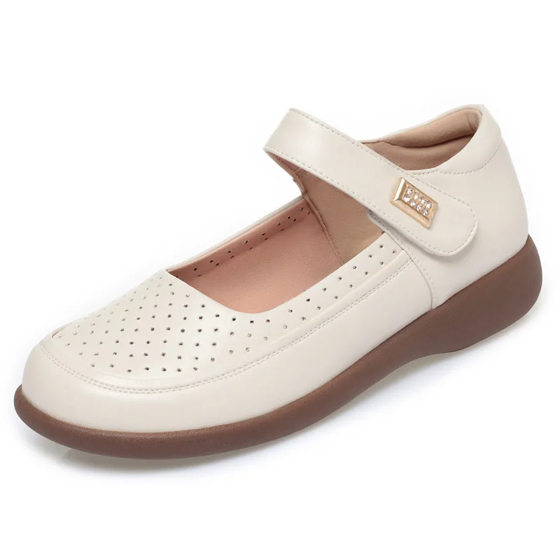 Comfortable Breathable Shallow Genuine Leather Shoes with Hole Flats 2026 Summer Fall Casual Shoes Hollow for Office Mother Work