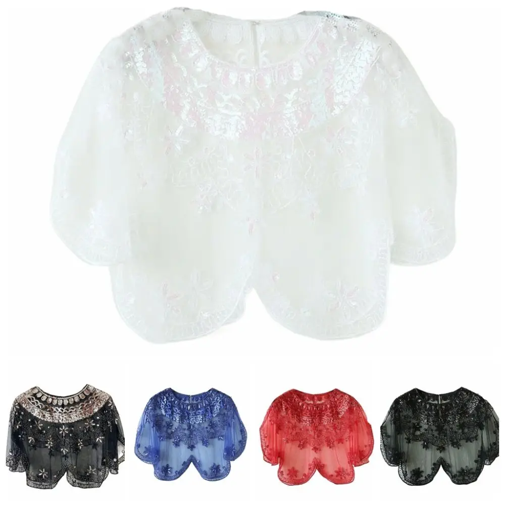 أزياء شبكة الدانتيل الكتف الغزل التطريز زهرة الترتر أوشحة الزفاف شال فستان شفاف ديكور مساء الرؤوس الزفاف