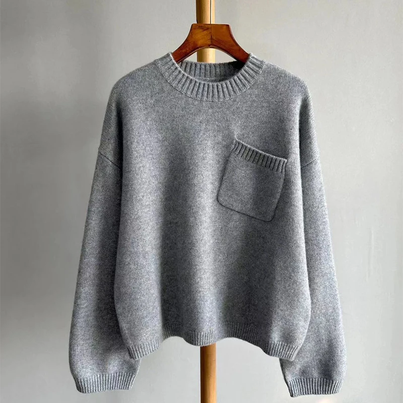 Pull épais à col rond 100% laine pure pour femmes, pull à manches longues style paresseux, mode minimaliste, automne/hiver