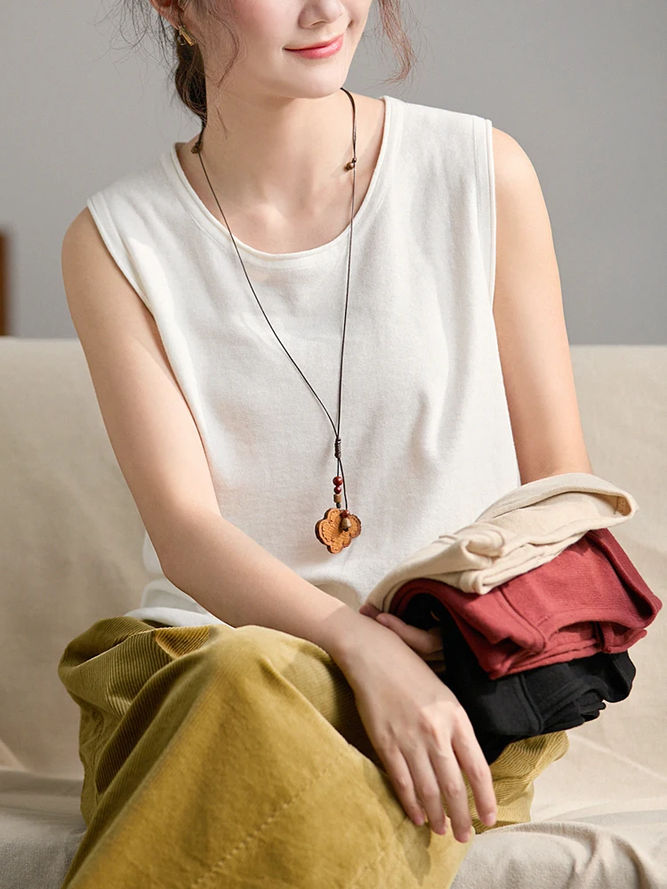 

Gujia 00% Cotton Knitted Tank Top with Cuffed round Ne Svel Versatile Loose Fit Breathable Comfortable Women's Vest