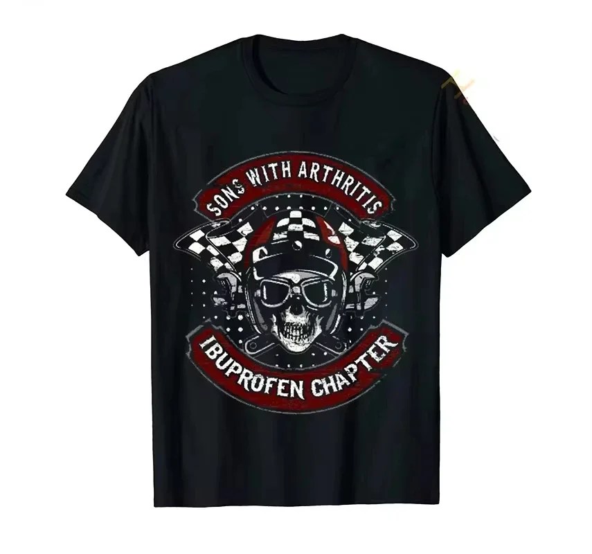 Streetwear Sons with Arthritis Ibuprofen Chapter Funny Biker Skull T Shirt Black Vintage Mens Graphic tee Gothic Ropa Hombre top