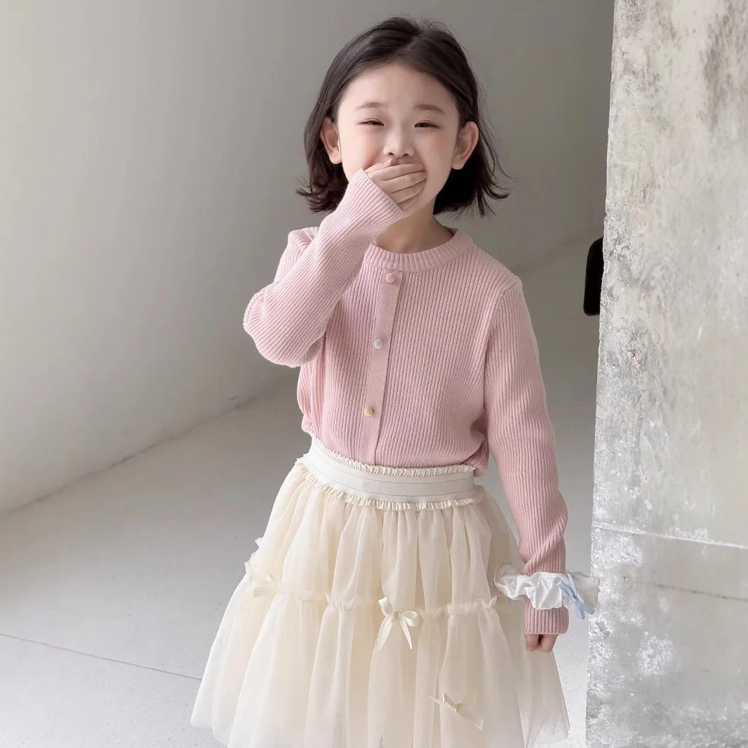 Girls' Sweater 2025 Spring Collection New Korean Style Stylish Color Button Fake Front Top Children's  Hoody